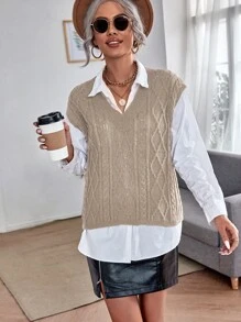 Cable Knit Sweater Vest Without Blouse - Khaki - View 4