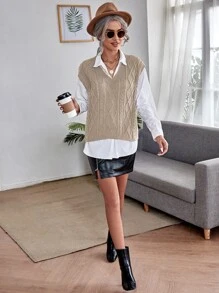 Cable Knit Sweater Vest Without Blouse - Khaki - View 5