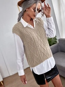 Cable Knit Sweater Vest Without Blouse - Khaki - View 6
