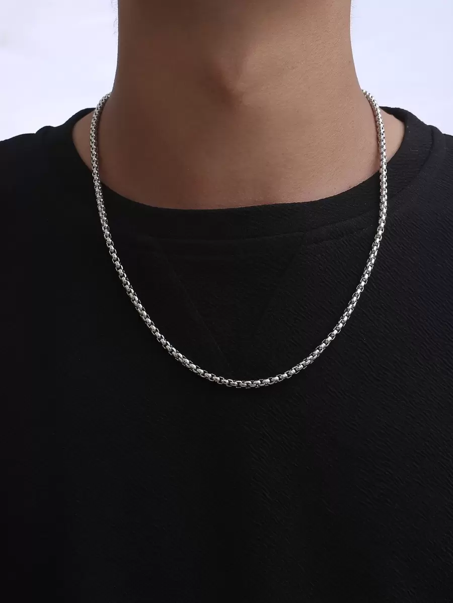 MONALLY 1pc Stainless Steel Plated White Gold Pearl Chain Hip-Hop Fashion Necklace, Men Accessories - Silver - View 1