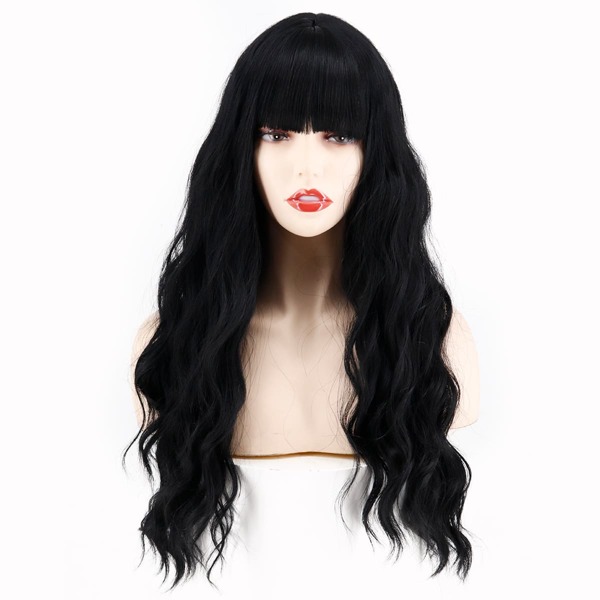 

Natural Long Curly Synthetic Wig With Bangs, Black