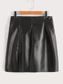 Split Hem PU Leather Bodycon Skirt - Black - View 1