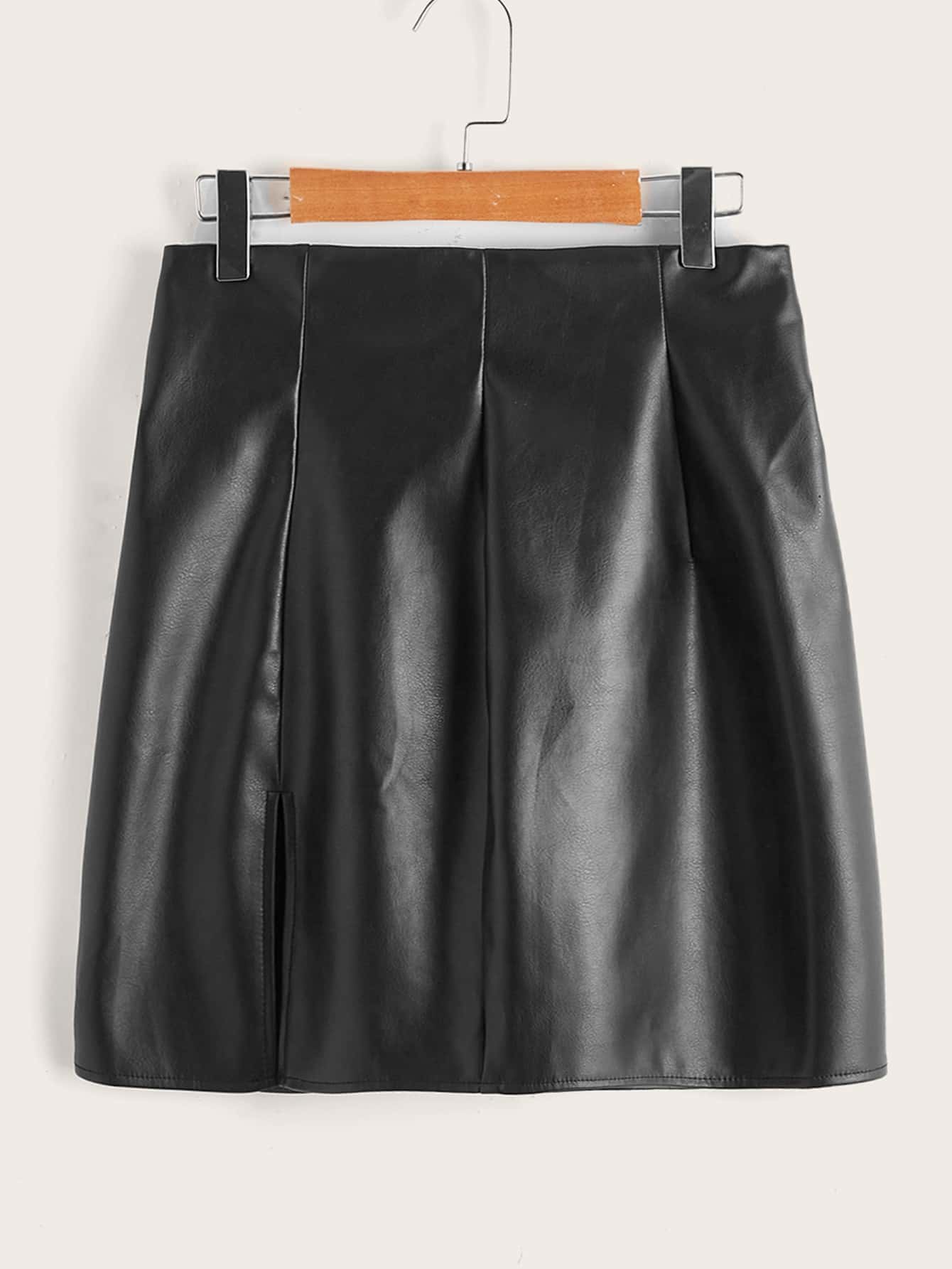 Split Hem PU Leather Bodycon Skirt - Black - View 1