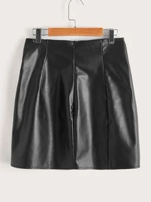 Split Hem PU Leather Bodycon Skirt - Black - View 2