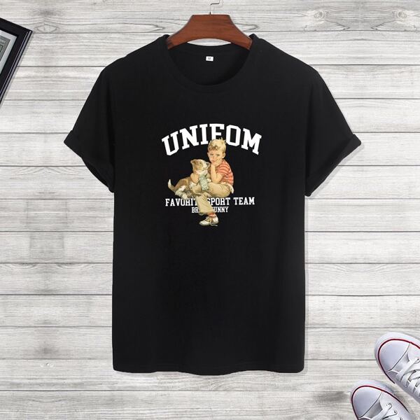 

Men Letter & Figure Graphic Tee, Black