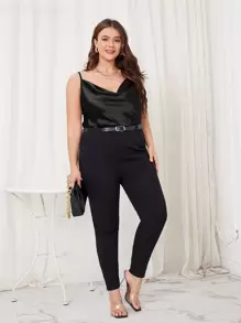 大碼垂褶領緞面吊帶上衣 - 黑色 - 查看 4