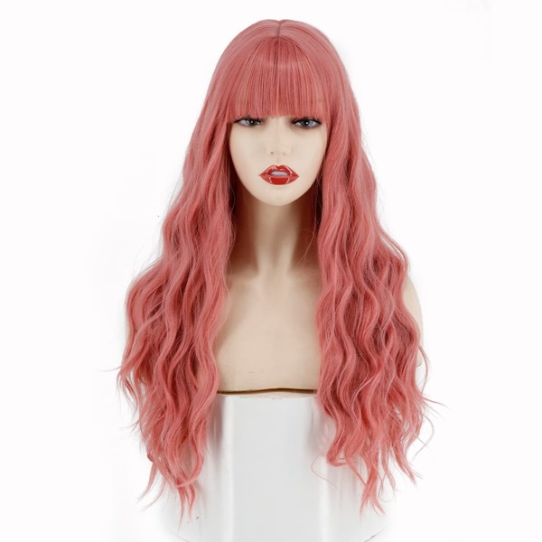 

Long Curly Synthetic Wig With Bangs, Pink