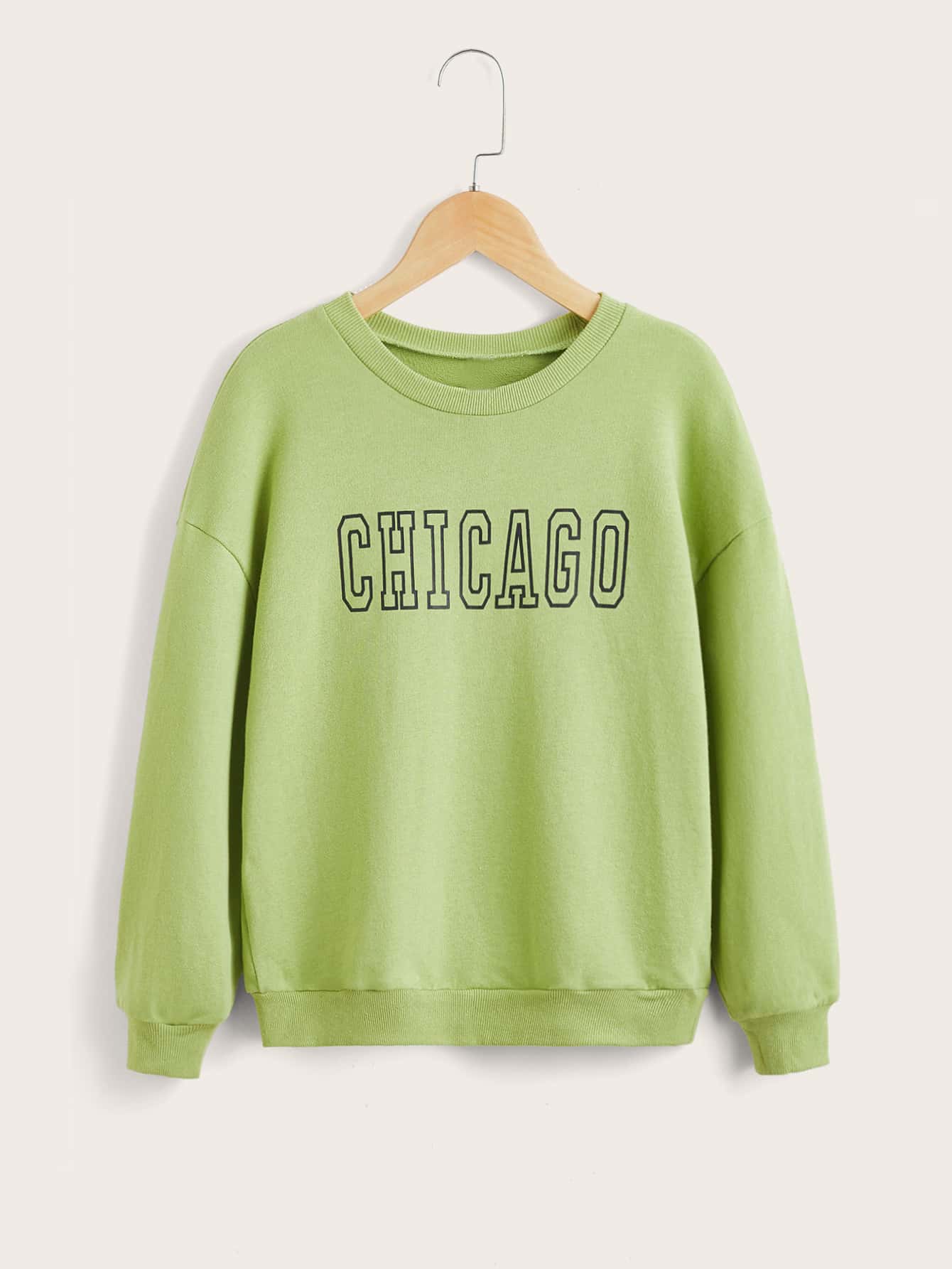 SHEIN Áo nỉ Gái Lá thư Giải trí - Màu xanh chanh - Xem 1