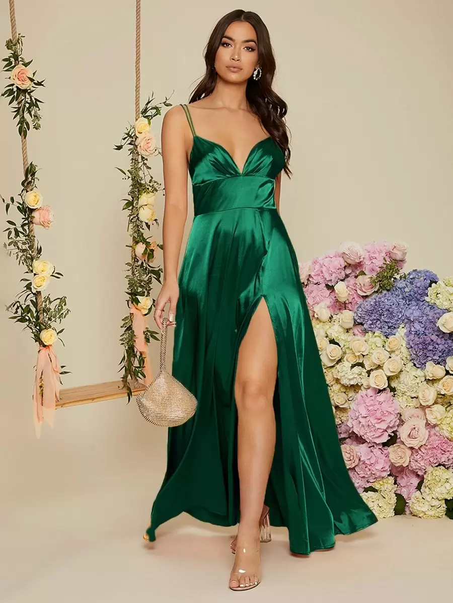 SHEIN Vestido de fiesta de espalda abierta de muslo con abertura de satén - Verde Oscuro - Ver 1