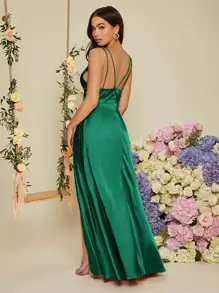 SHEIN Vestido de fiesta de espalda abierta de muslo con abertura de satén - Verde Oscuro - Ver 2