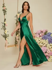 SHEIN Vestido de fiesta de espalda abierta de muslo con abertura de satén - Verde Oscuro - Ver 3