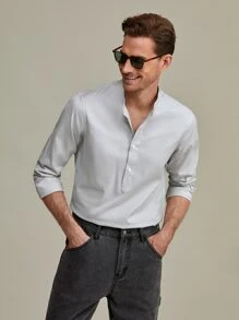 GENTILAND Men Solid Half Button Shirt - Light Grey - View 1