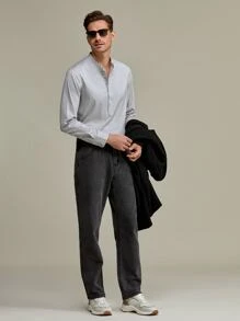 GENTILAND Men Solid Half Button Shirt - Light Grey - View 3