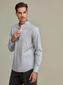 GENTILAND Men Solid Half Button Shirt - Light Grey - View 5