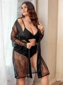 SHEIN Plus Self Belted Sheer Lace Robe Without Lingerie Set - Black - View 1