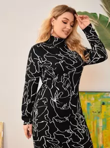 SHEIN Clasi Plus Graphic Print High Neck Dress - Black and White - View 5