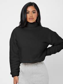 SHEIN PETITE Funnel Neck Drop Shoulder Flannel Sweatshirt In Fall/Winter - Black - View 1