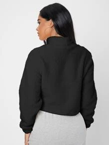 SHEIN PETITE Funnel Neck Drop Shoulder Flannel Sweatshirt In Fall/Winter - Black - View 2