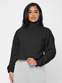 SHEIN PETITE Funnel Neck Drop Shoulder Flannel Sweatshirt In Fall/Winter - Black - View 4