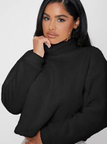 SHEIN PETITE Funnel Neck Drop Shoulder Flannel Sweatshirt In Fall/Winter - Black - View 6