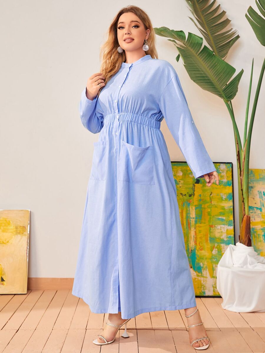 Mulvari Plus Dual Pocket Elastic Waist Drop Shoulder Shirt Dress - Baby Blue - View 1