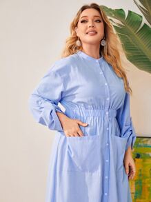 Mulvari Plus Dual Pocket Elastic Waist Drop Shoulder Shirt Dress - Baby Blue - View 4