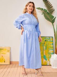 Mulvari Plus Dual Pocket Elastic Waist Drop Shoulder Shirt Dress - Baby Blue - View 5