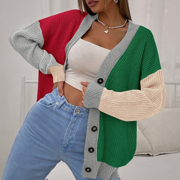 

Color Block Button Up Drop Shoulder Cardigan, Multicolor