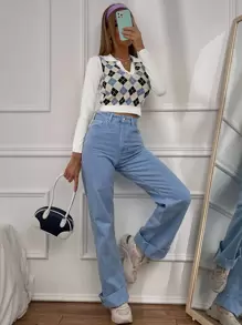 SHEIN EZwear Argyle Pattern Crop Jumper - Multicolor - View 3