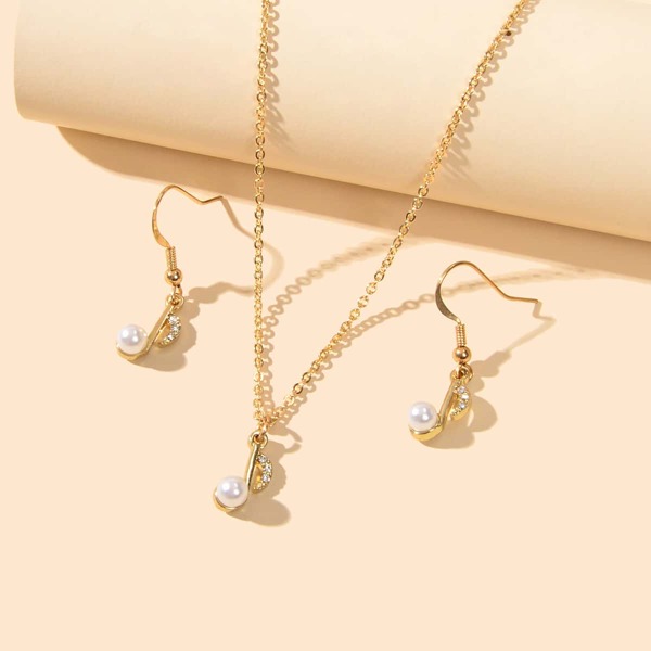 

Faux Pearl Decor Drop Earrings & Necklace, Gold
