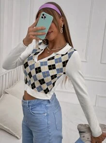 SHEIN EZwear Argyle Pattern Crop Jumper - Multicolor - View 6