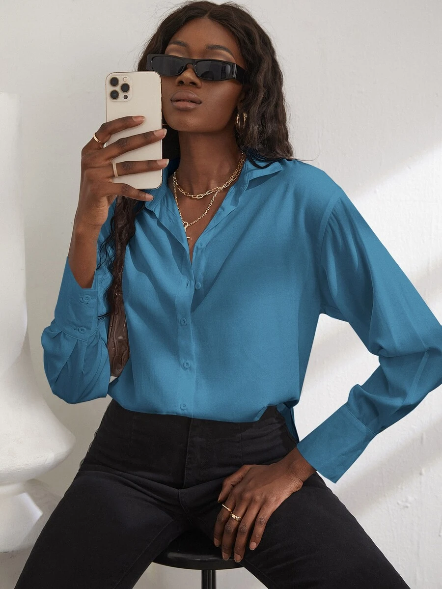 Blusa bajo con abertura irregular - Azul - Ver 1