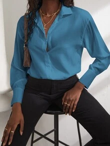 Blusa bajo con abertura irregular - Azul - Ver 4