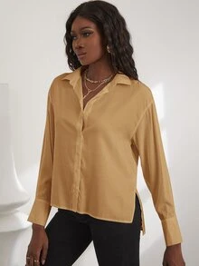Blusa bajo con abertura irregular - Caqui - Ver 3