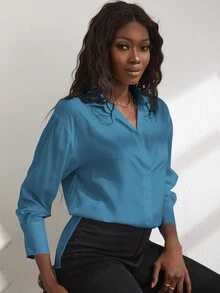 Blusa bajo con abertura irregular - Azul - Ver 5