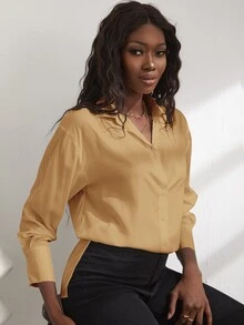 Blusa bajo con abertura irregular - Caqui - Ver 5