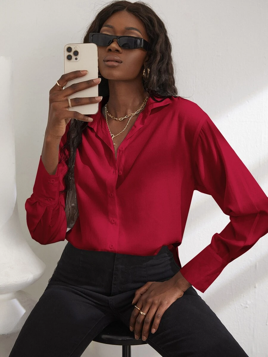 Blusa bajo con abertura irregular - Rojo - Ver 1