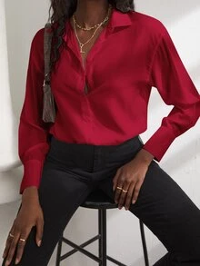 Blusa bajo con abertura irregular - Rojo - Ver 3
