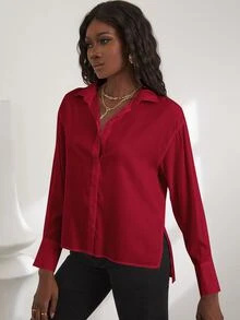 Blusa bajo con abertura irregular - Rojo - Ver 4