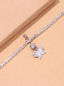 Butterfly Charm Navel Belly Ring With Chain - Silver - View 3