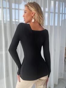 SHEIN Clasi Áo thun nữ Nút Gân đan màu trơn Giải trí - màu đen - Xem 2