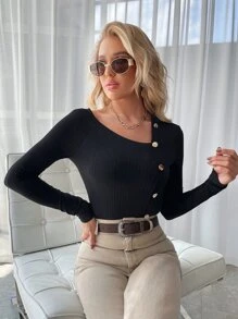 SHEIN Clasi Áo thun nữ Nút Gân đan màu trơn Giải trí - màu đen - Xem 3