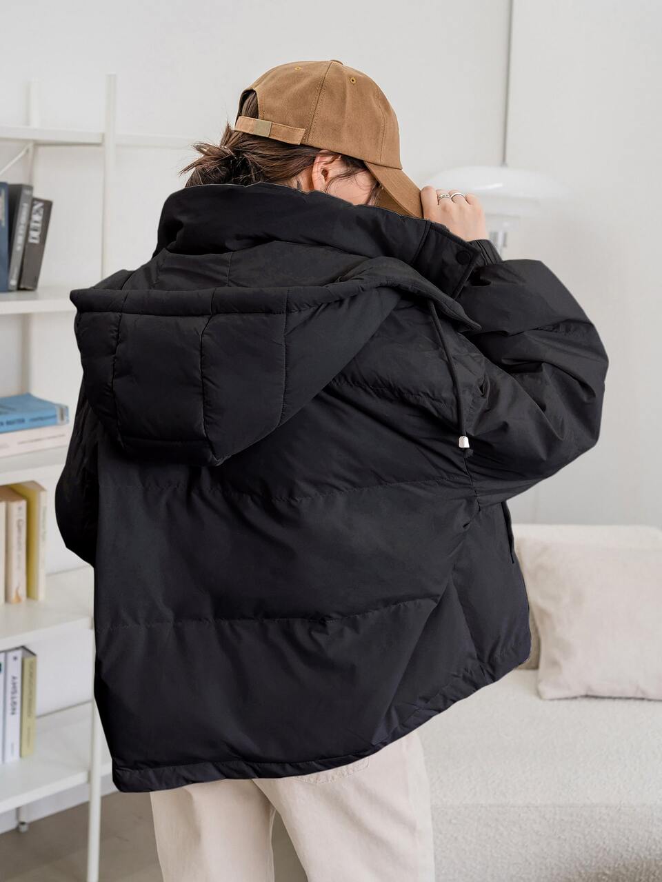 Zip Up Snap Button Drawstring Hem Hooded Padded Coat, Winter Women Clothes, Padded Coat Women Jacket