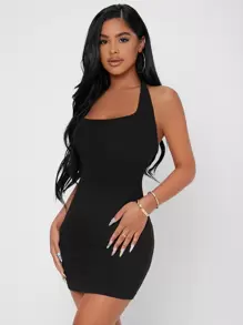 SHEIN PETITE Solid Halter Neck Backless Bodycon Dress - Black - View 1
