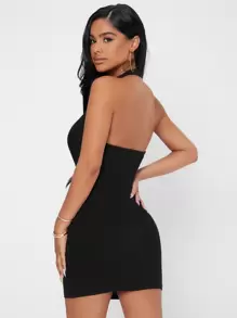 SHEIN PETITE Solid Halter Neck Backless Bodycon Dress - Black - View 2