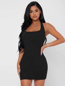 SHEIN PETITE Solid Halter Neck Backless Bodycon Dress - Black - View 4