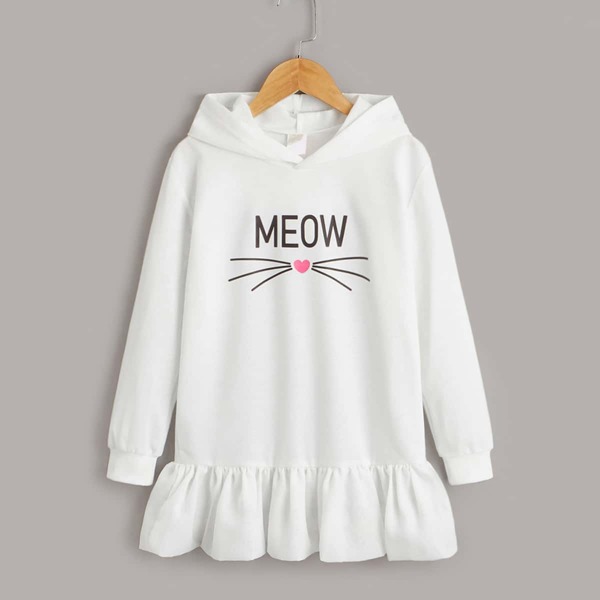 

Girls Heart & Letter Graphic Ruffle Hem Hoodie Dress, White