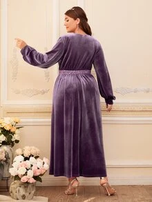 Modelyn Đầm Plus Size Nút Thắt nút màu trơn Hấp dẫn - Màu tím hoa cà - Xem 3