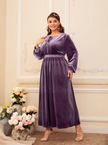 Modelyn Đầm Plus Size Nút Thắt nút màu trơn Hấp dẫn - Màu tím hoa cà - Xem 4