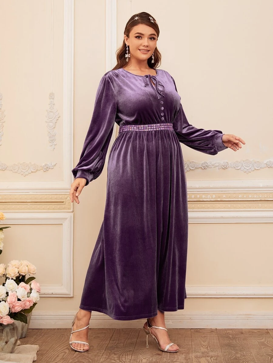 Modelyn Đầm Plus Size Nút Thắt nút màu trơn Hấp dẫn - Màu tím hoa cà - Xem 1